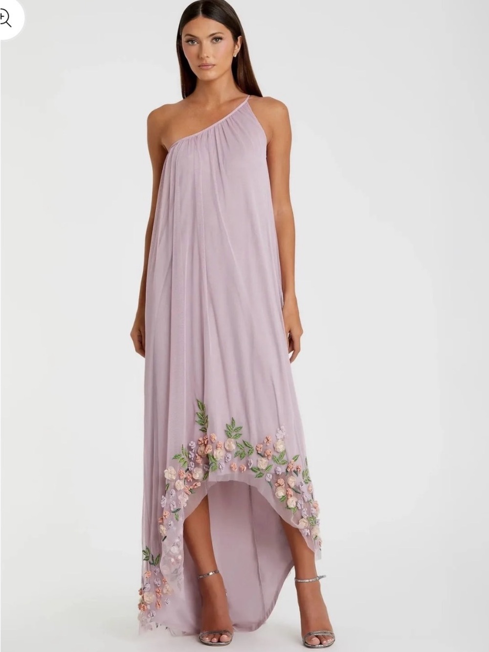 Mac Duggal One-Shoulder Lavender Floral-Embroidered Maxi
